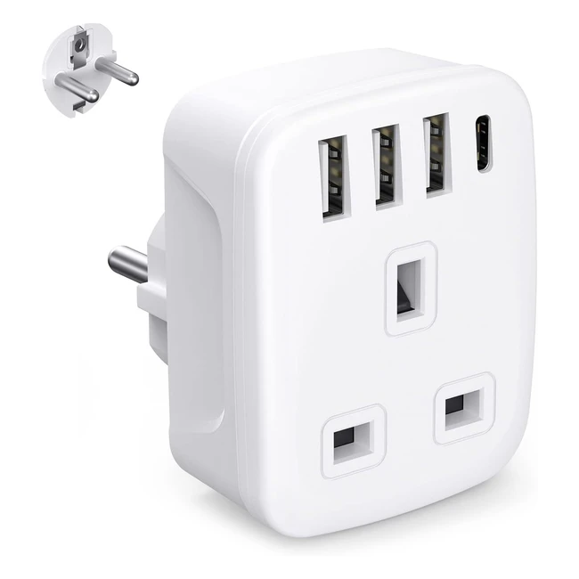 Octful 5 in 1 UK to European Plug Adapter with 3 USB Ports, Fast Charge - Typ EF