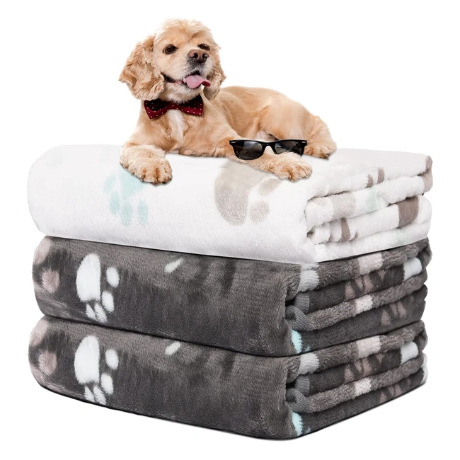 Soft Dog Blankets - Rezutan 3 Pack - Washable  Cute Paw Print - 106x76cm - Dog