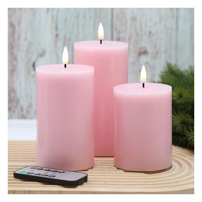 Eywamage Pink Flameless LED Pillar Candles with Remote - Set of 3 3