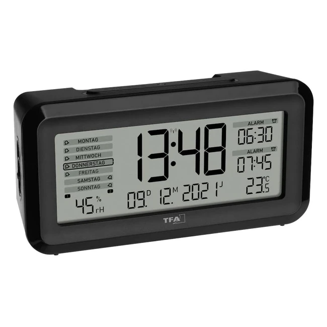 Sveglia Digitale TFA Dostmann Boxx2 60256201 - Monitoraggio Clima, 2 Sveglie, Display Tedesco - Nero