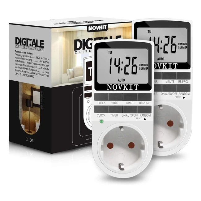 2x Novkit digitale Zeitschaltuhr Steckdose, 10 konfigurierbare wöchentliche Programme, einbruchsichere Zufallsfunktion