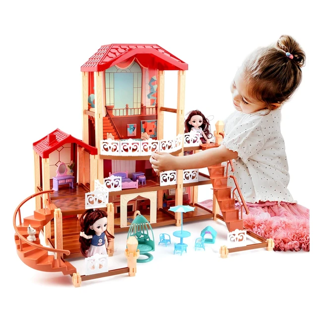 DEAO Dolls House Dream House Playset | 3-Story Castle Dollhouse | 2 Dolls & 14 Furniture Accessories | Ages 3+
