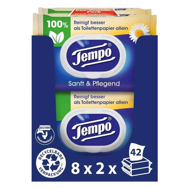 Tempo Feuchte Toilettentücher, sanft und pflegend, Mega-Pack mit 16 Packungen à 42 Tücher, mit natürlicher Kamille, dermatologisch getestet, pH-neutral