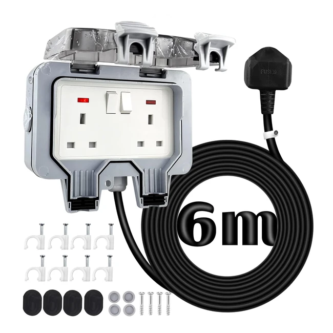 Weatherproof Outdoor Sockets with 6m Extension Cable - 2 Gang, IP66, 13A