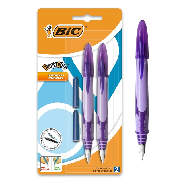 BIC Easyclic Fountain Pens - Pack of 2 - Blue/Green/Red/Pink - Refillable