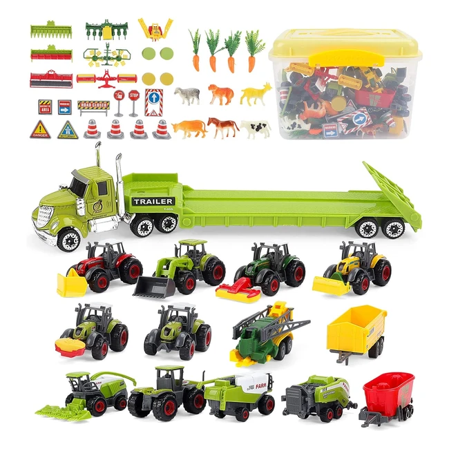 Ensemble de véhicules détachables DEAO avec tracteurs et camionnettes - Jeu de 31 pièces avec figurines d'animaux de la ferme et boîte de rangement incluse