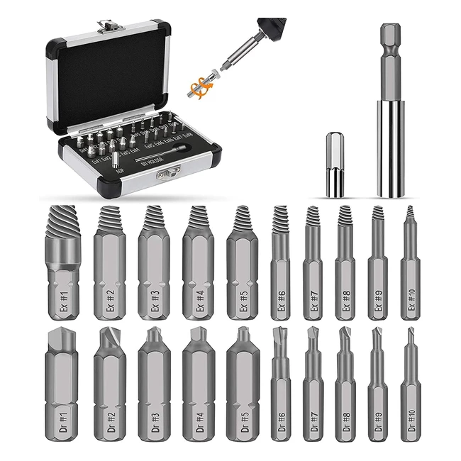 Jellas 22pcs Damaged Screw Extractor Set 6465 HRC Hardness Separate Burnishing a