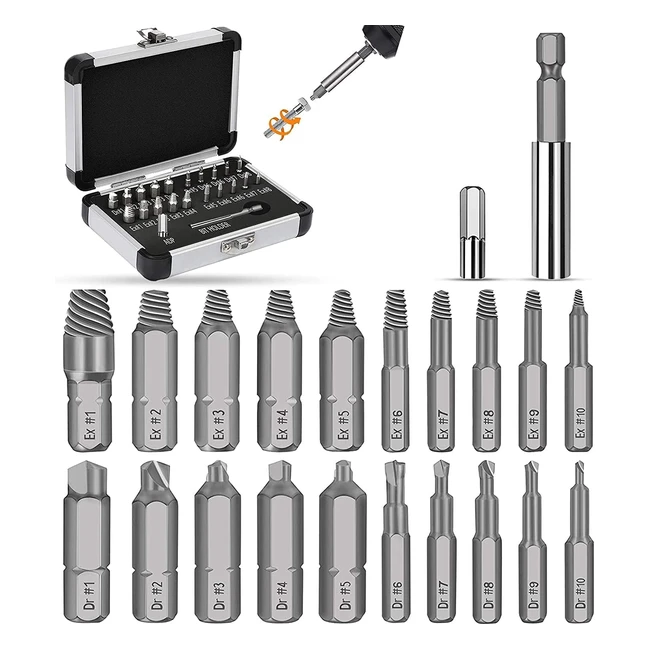 Jellas 22pcs Damaged Screw Extractor Set 6465 HRC Hardness Separate Burnishing and Magnetic Extension Bit Holder