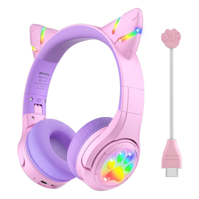 Riwbox Kids Bluetooth Headphones CF9 - Cat Ear Headphones with LED Light  Boom 