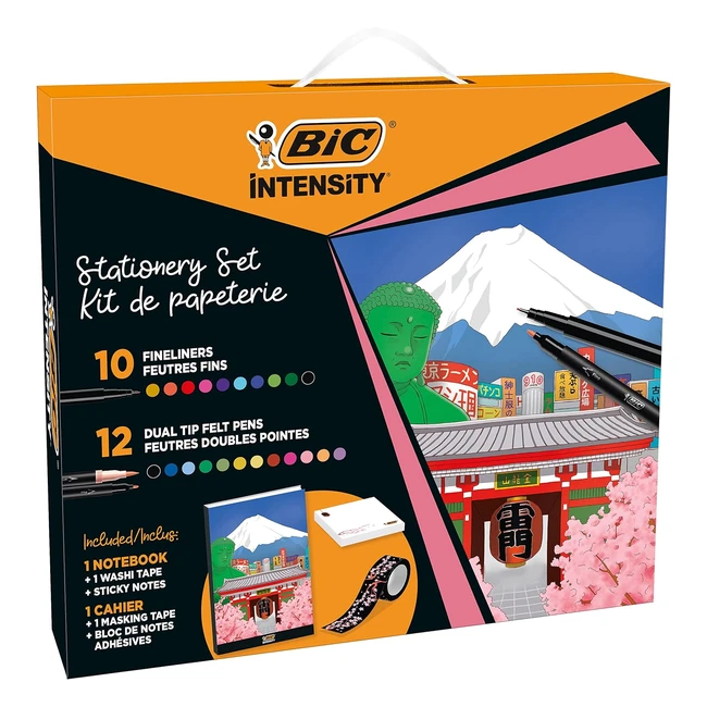 BIC Intensity Japan Stationery Kit - Dual Tip Felt Pens, Washi Tape, Sticky Notes, Notebook - Set of 25