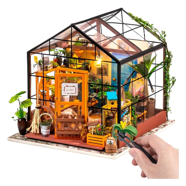 ROWOOD Doll House Kit Greenhouse DIY Miniature Room with LED Light Wooden Model 