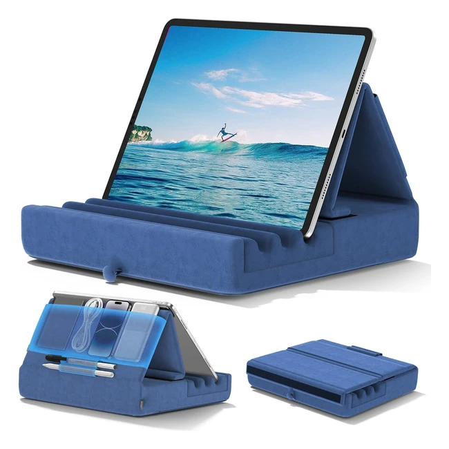 Soporte de Almohada para Tablet, KDD, Plegable, con Bolsillo y Soporte para Lápiz, iPad Pro 12.9 10.5 9.7, Air, Mini, eReader, Azul
