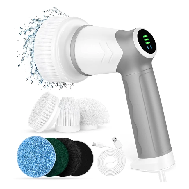 Powerful Electric Spin Scrubber with LED Display - 2 Speeds, 6 Brush Heads