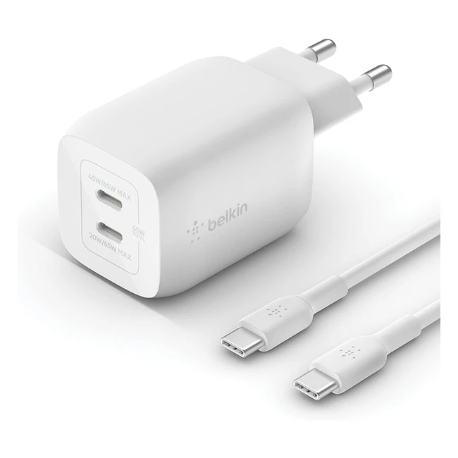 Belkin 65W USB-C Ladegerät mit 2 Anschlüssen und USB-C Kabel - Schnellladung Power Delivery 30 GAN Technologie für iPhone 13 12 Pro Pro Max Mini iPad MacBook Galaxy Tab