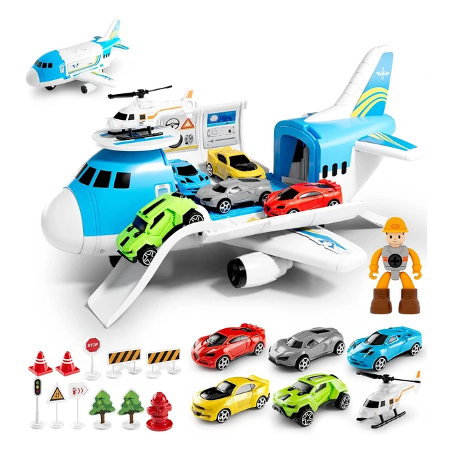 Transport Cargo Airplane with 5 Mini Cars 1 Helicopter - Gifts for Kids Age 3-5