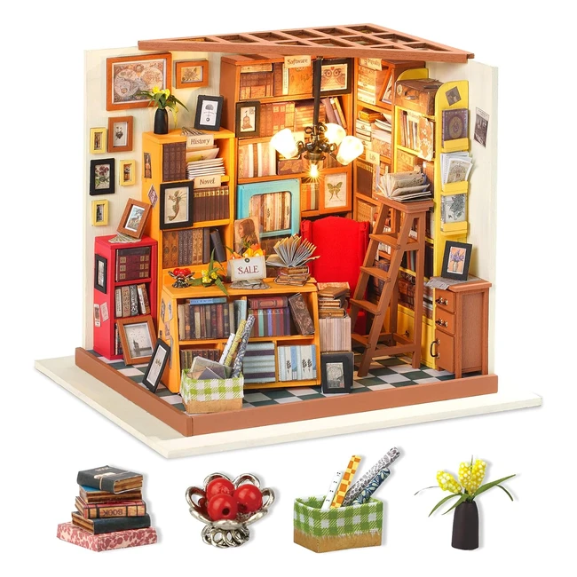 Robotime DIY Dolls House Kit - Wooden Library Model 124 Scale - Educational Toys