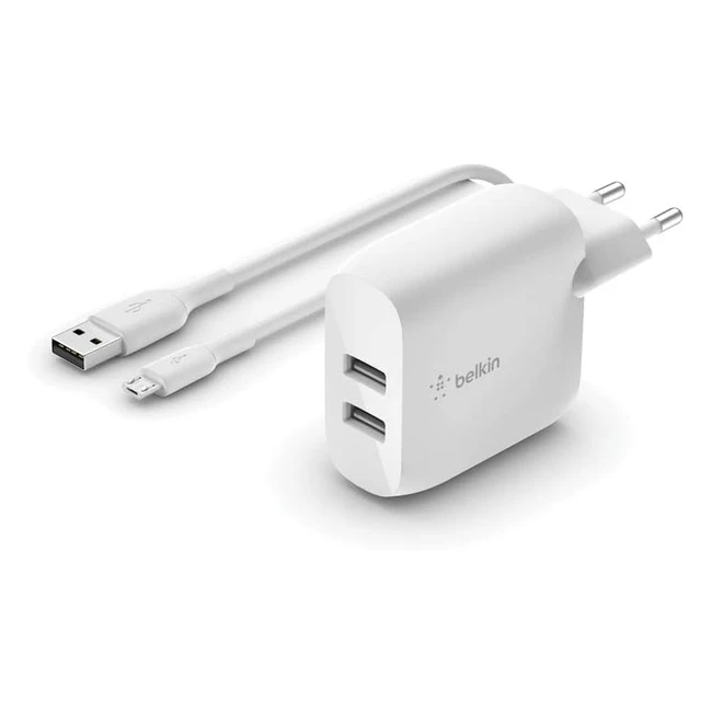 Belkin Boost Charge 24W USB A Netzladegerät mit zwei Anschlüssen und USB-A-Micro-USB-Kabel für Smartphones, Tablets, kabellose Kopfhörer, Powerbanks und tragbare Lautsprecher