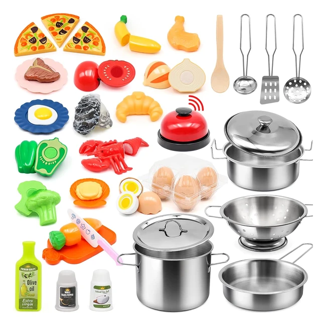 Kids Pretend Play Kitchen Accessories Set - Stainless Steel Pots and Pans - 59pc