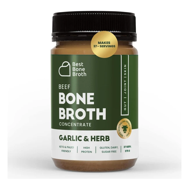 Premium Beef Bone Broth Concentrate - Garlic Herb Flavor - 100% Sourced from Grass Fed Pasture-Raised Cattle - Bone Broth Protein and Collagen - 375g