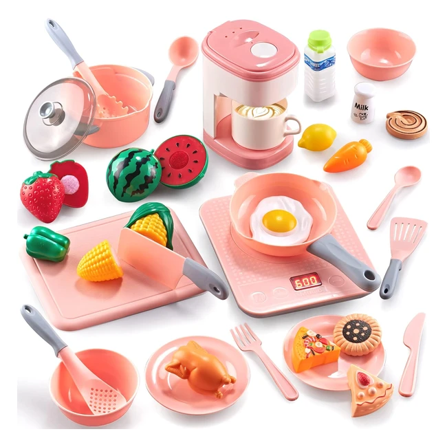 Kopi Corgi Toy Kitchen - Kids Pretend Play Kitchen Accessories Set - Role Play Cutting Fruits Food Toy Cookware - Great Gifts for Boys Girls 3-8