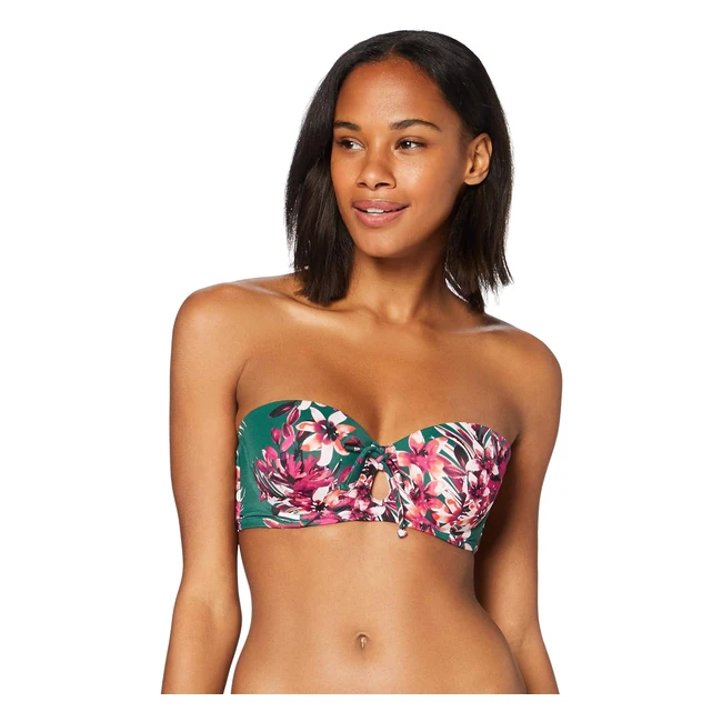 Iris & Lilly Damen Gepolstertes Bandeau-Bikinioberteil, Bügel, Dunkelgrün, Tropisch, S