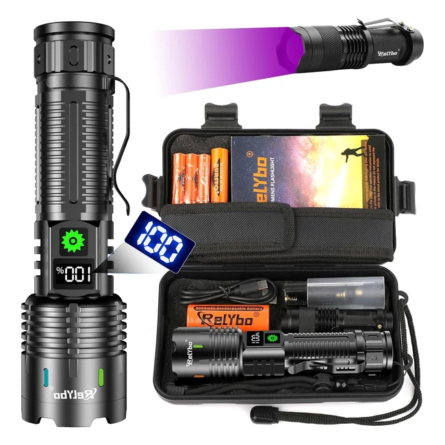 Relybo LED Taschenlampe 30000 Lumen aufladbar | Extrem hell | USB | Taktische Taschenlampe