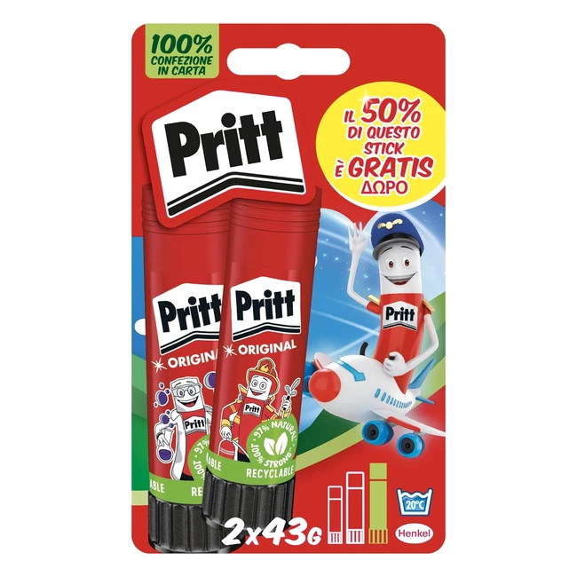 Pritt Bâton de Colle 2 x 43g - Lavable, Sans Solvant, Application Fluide