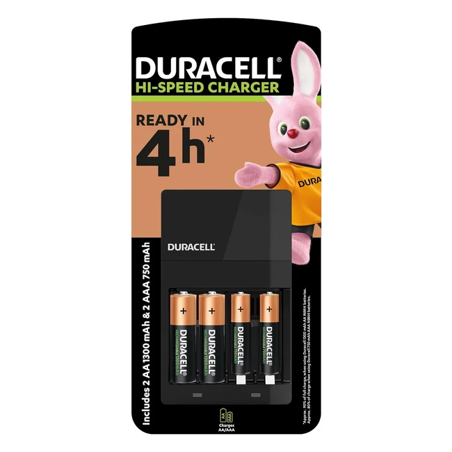 Duracell 4-Hour Battery Charger with 2 AA and 2 AAA - Fast Charging Long-lastin