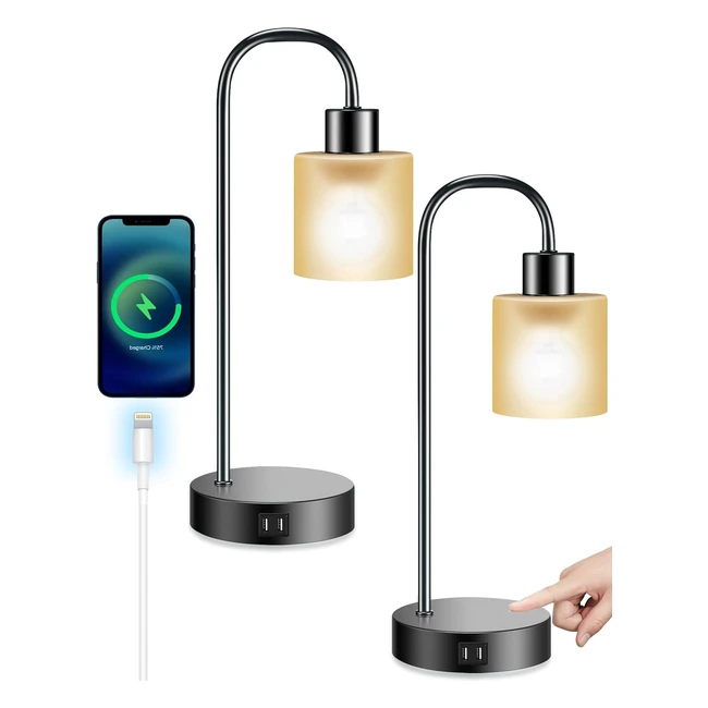 Hesendot Touch Bedside Lamps Set of 2 - 3 Way Dimmable Edison Industrial Table Lamps with USB Charging Port - Black Minimalist Nightstand Lamp