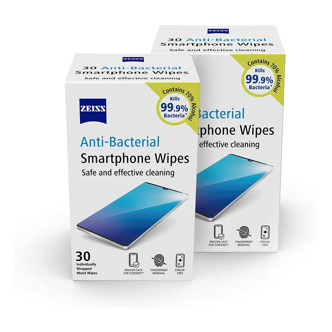 Zeiss Antibacterial Smartphone Screen Wipes - 70 Alcohol - Individually Packed 