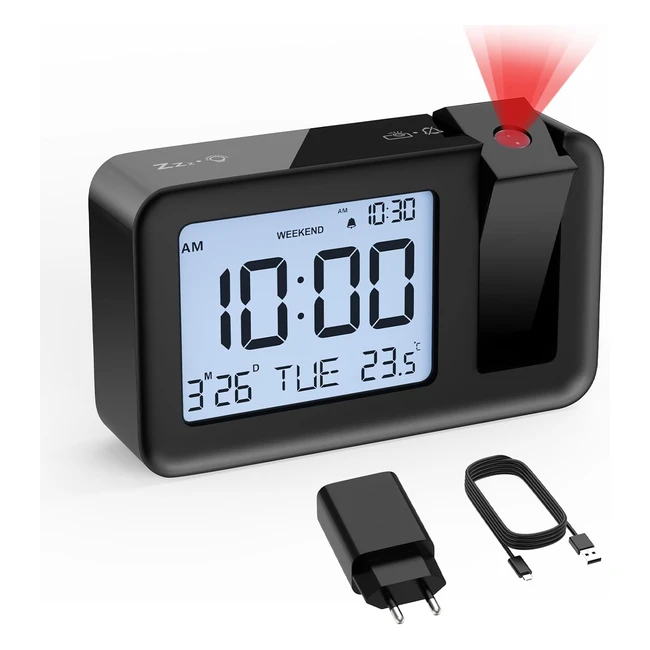 Réveil projecteur Chereeki - Numérique avec température - 4 niveaux de luminosité - Pour chambre et bureau