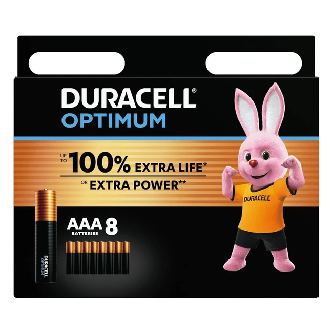 Duracell Optimum AAA Batteries 8 Pack - Up to 100 Extra Life or Power