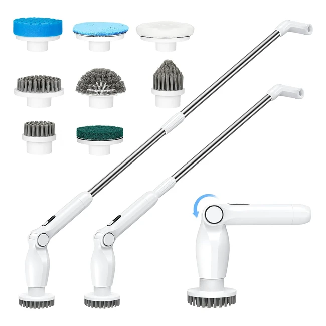 Brosse électrique sans fil Coovee - Nettoyage rotatif, angle réglable - 8 têtes de brosse - Manche extensible 130 cm - Salle de bain et cuisine