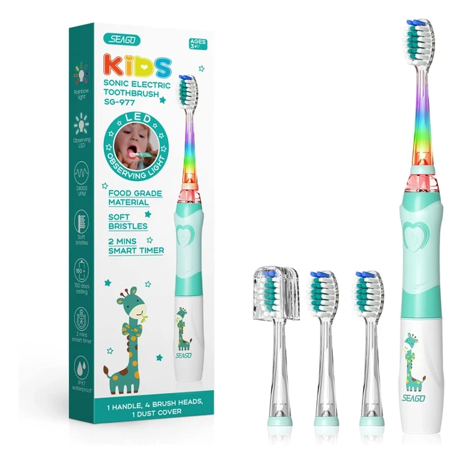 Cepillo Eléctrico Infantil Seago - Luz de Colores - 4 Cabezales Extra Suaves - Temporizador 2 Minutos - Niños +3 Años - SG977 Verde
