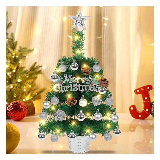 Mini Tabletop Christmas Tree - Small Pine Tree with Lights - Battery Operated - All Ornaments Included