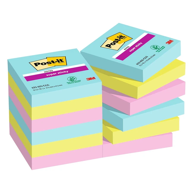 Notes adhésives super collantes Post-it, pack de 12 blocs, couleurs cosmiques, 476 mm x 476 mm