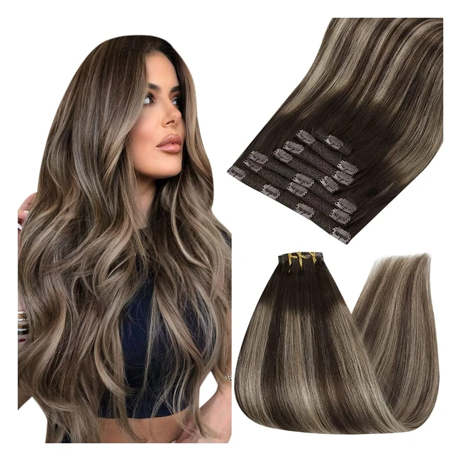 Extensiones de pelo Ugeat 22 pulgadas, cabello natural, clip 100g 8pcs, balayage castaño oscuro ombre rubia oscuro 4184