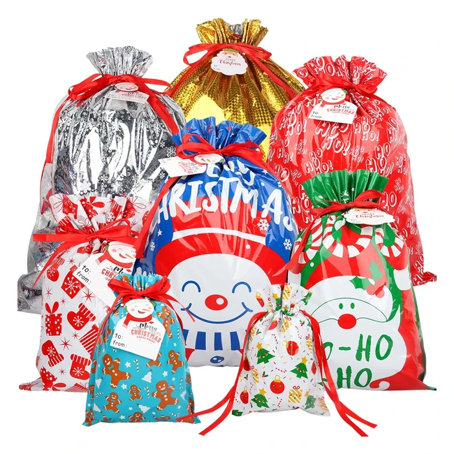 Popgiftu 40pcs Christmas Drawstring Gift Bags - 8 Designs & Sizes - Wrapping Bags for Holiday Party