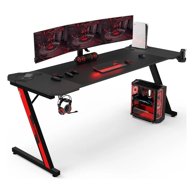Bureau Gaming Homall 180cm - Fibre de Carbone - Bureau Gamer en Forme de Z - Porte-gobelet et Crochet pour Casque - Noir