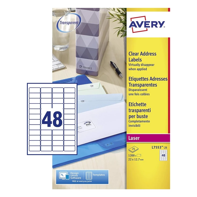 Etichette adesive trasparenti Avery L755325 - Formato 22x127mm - 48 etichette per foglio - Confezione da 25 fogli