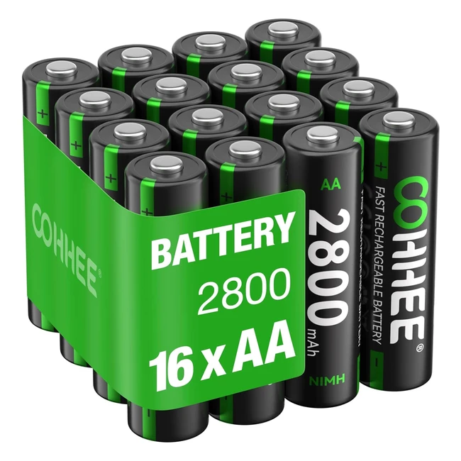 Oohhee Rechargeable AA Batteries - 16 Piece, 2800mAh, Low Self-discharge, 12V - Tech AA Battery
