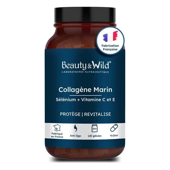 Collagène Marin avec Vitamine C, Vitamine E, Sélénium - Anti-rides, Élasticité Peau - Made in France - 120 Gélules