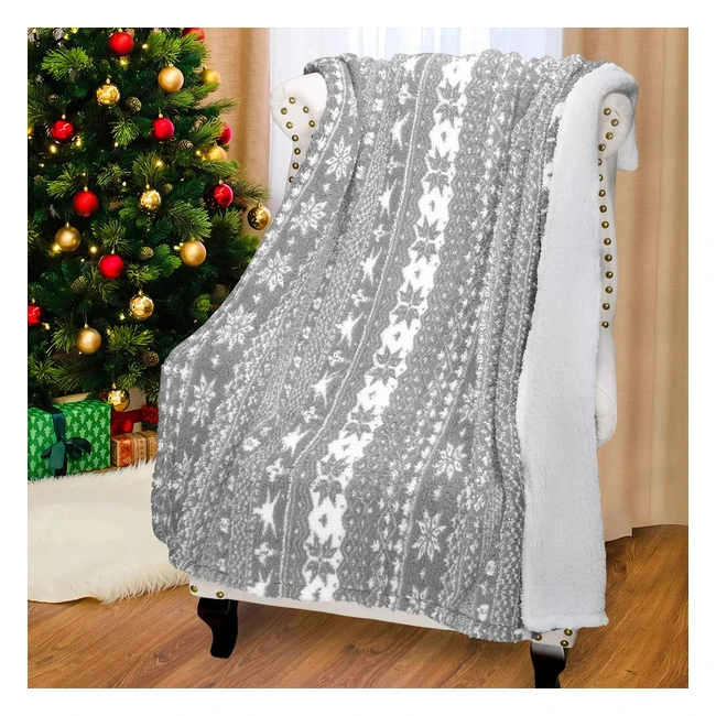 Couverture de Noël Sherpa super douce et chaude - Motif flocon de neige réversible en molleton - Gris