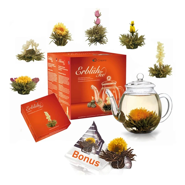 Creano Teeblumen Geschenkset - Erblhtee mit 500ml Glaskanne - 6x weier Tee -