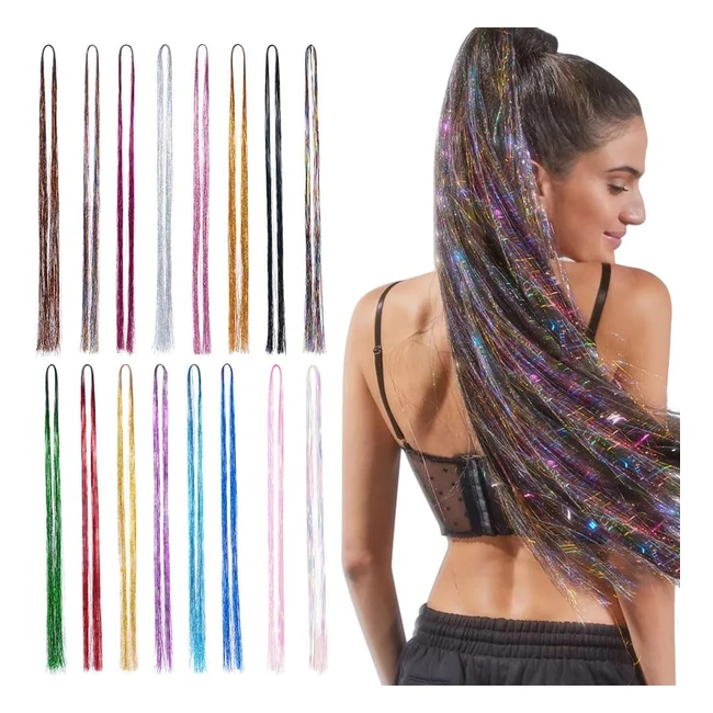 Aomig 16 Pcs Hair Tinsel Extensions Kit - Colorful Shiny Wigs for Women & Girls