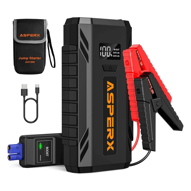 Asperx Jump Starter Power Bank 1500A 12V - Bis zu 70L Benzin oder 55L Diesel - Kompakter Autobatterie-Booster für Fahrzeuge, SUVs, Motorräder, Rasenmäher