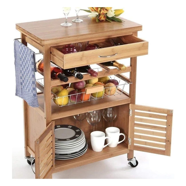 Carrello cucina in legno di bambù con portabottiglie, cassetto portaposate e 2 ante - Bakaji