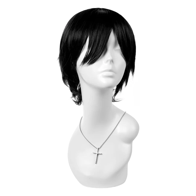 AOMIG Short Straight Wig for Men - 3 Pack Anime Cosplay Wigs Set with Cross Necklace - Natural Full Wigs with Side Bangs - Unisex Party Fancy Dress Wig