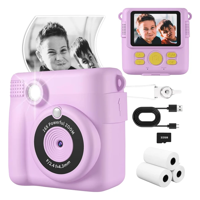 Instant Print Camera for Kids - Digital Camera 1080p HD - 32G SD Card - Age 6-12 - Birthday & Christmas Gifts