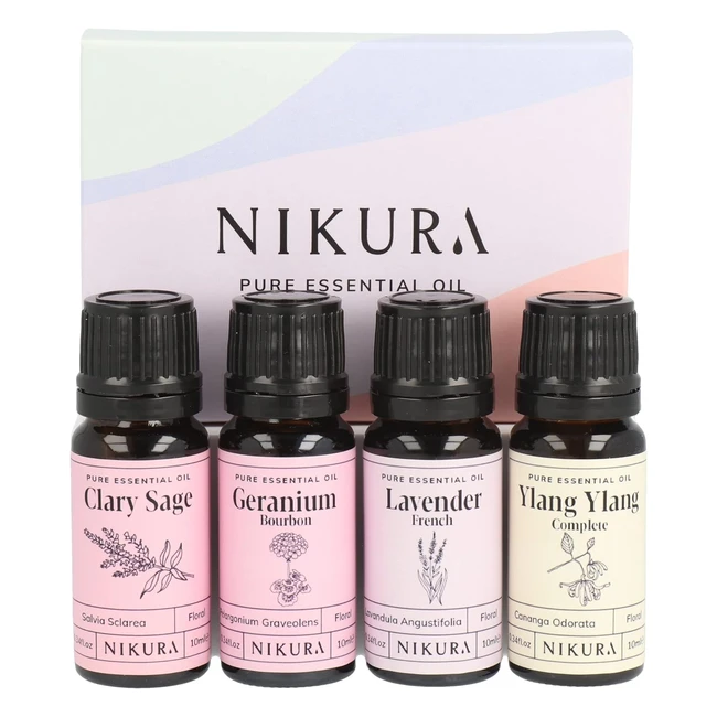 Nikura Floral Essential Oil Gift Set - 4 x 10ml - Pure & Natural Oils - Clary Sage, Geranium, Lavender, Ylang Ylang